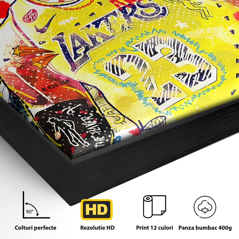 Detaliu al suprafetei: tablou canvas cu portretul lui lebron james, in rama de aluminiu negru